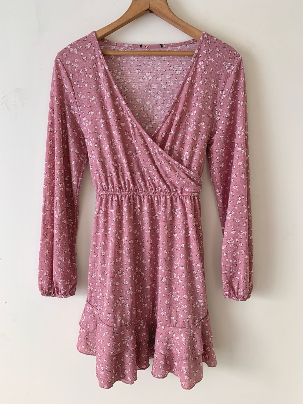 Dusty Rose Floral Faux Wrap-Front Long Sleeve Short Dress